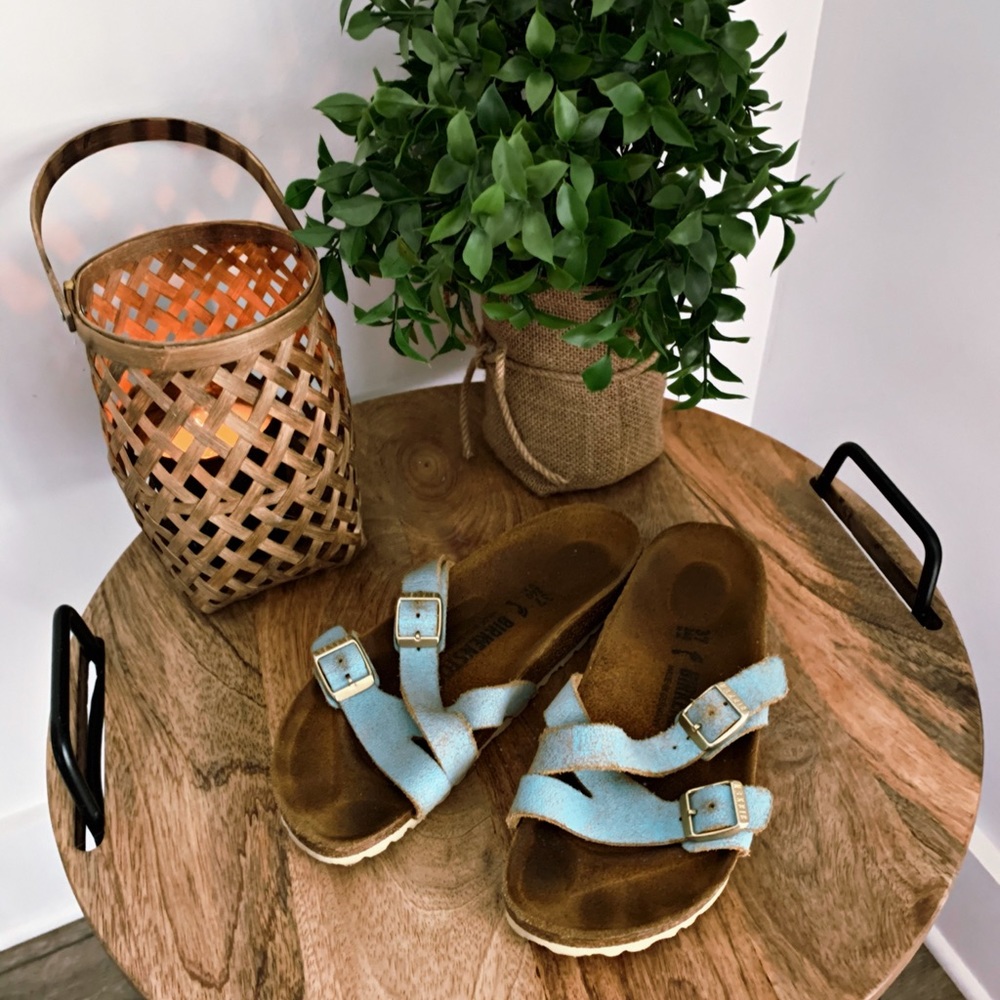 Birkenstock leather Yao — washed metallic aqua